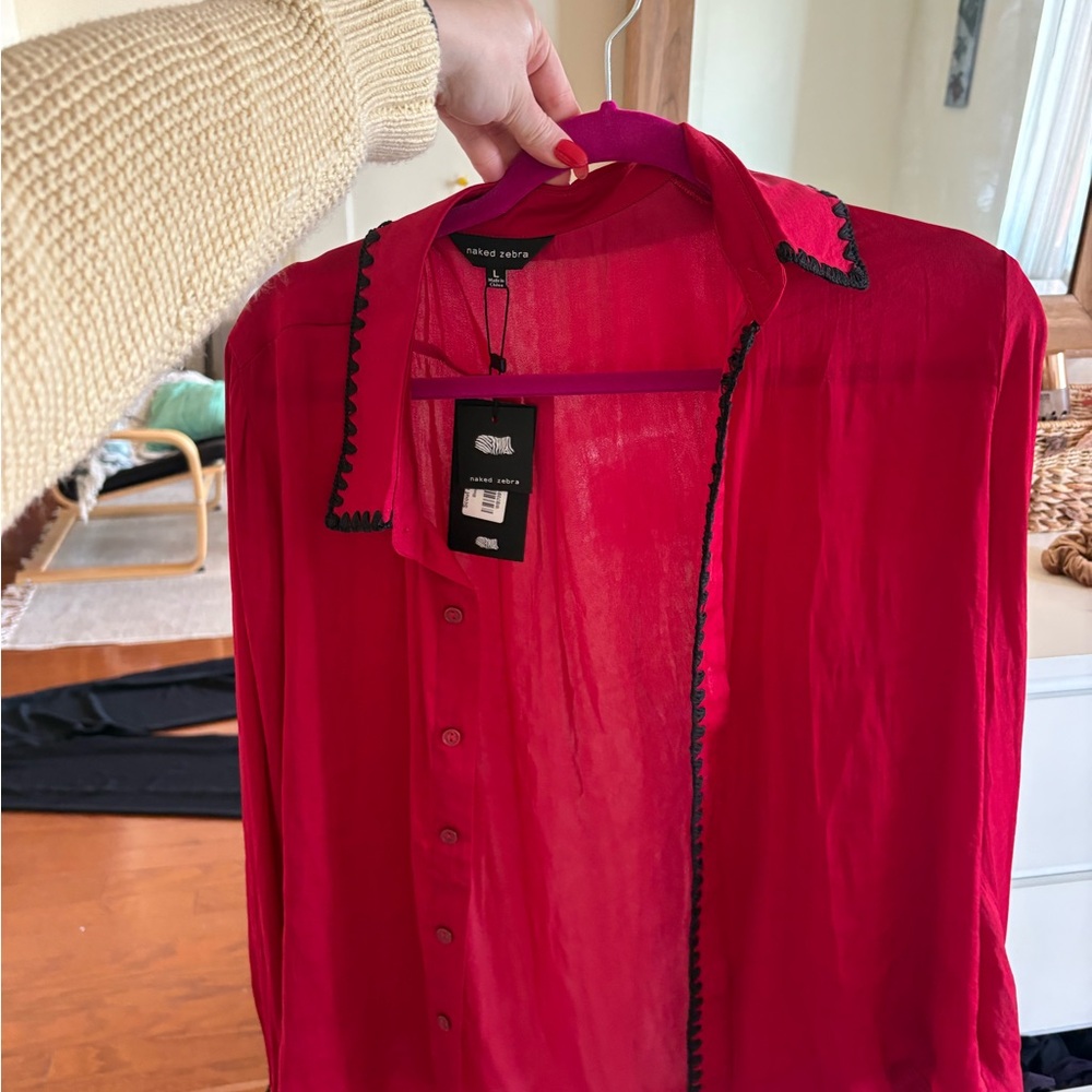 NWT Naked Zebra fuchsia button-down with black trim
